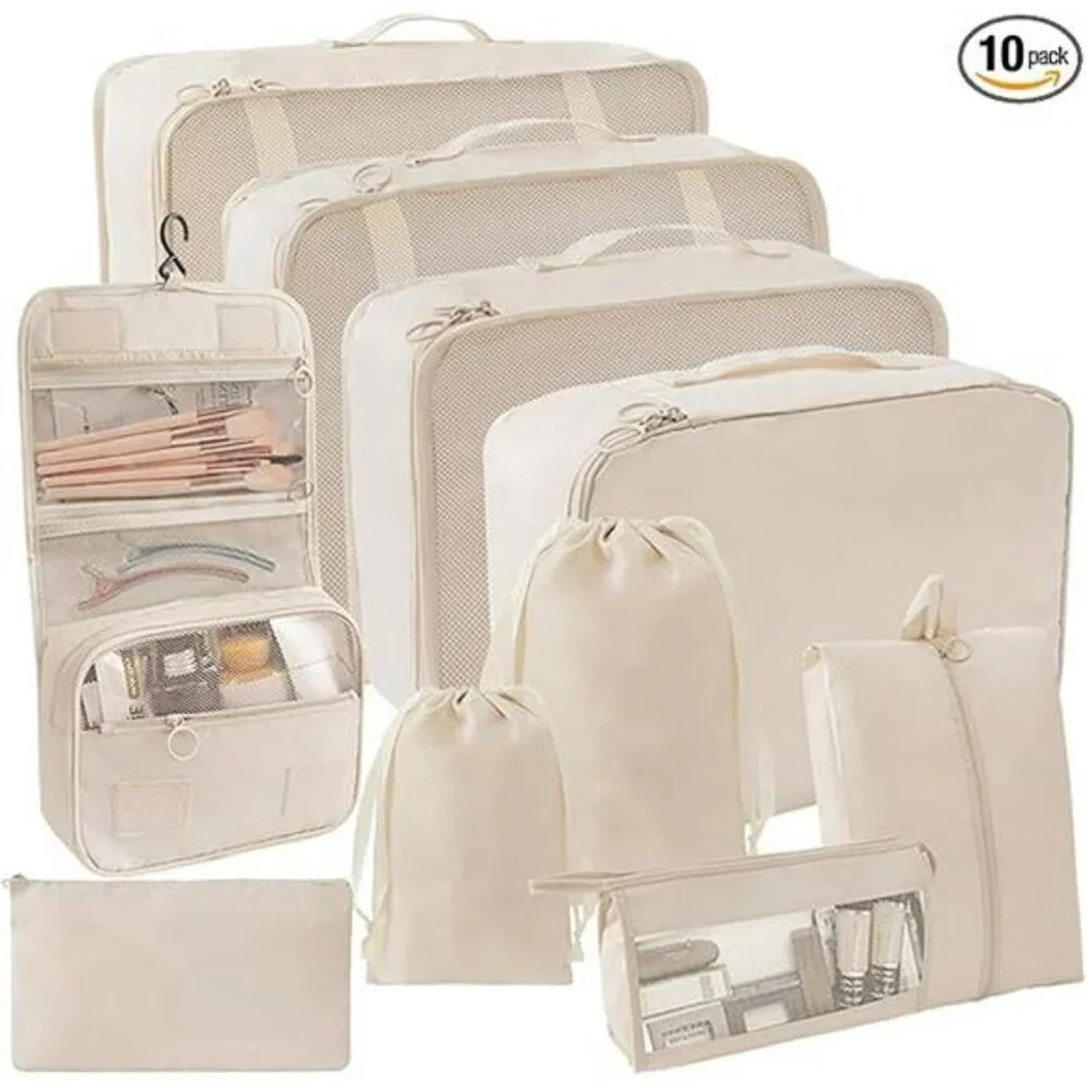 10 Piece Packing Cubes Travel Luggage Organizer Set Suitcase Carry On Bags Beige